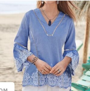 Sundance 100% Cotton Embroidered V Neck Peasant Top Longsleeve Blue Medium